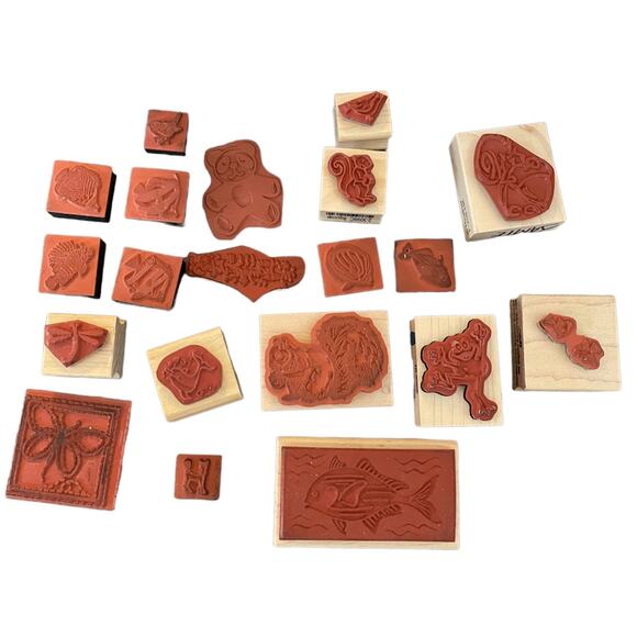 20 New & Used Random Rubber Stamps Dolphin Squirrel Frog Birds - Picture 2 of 2